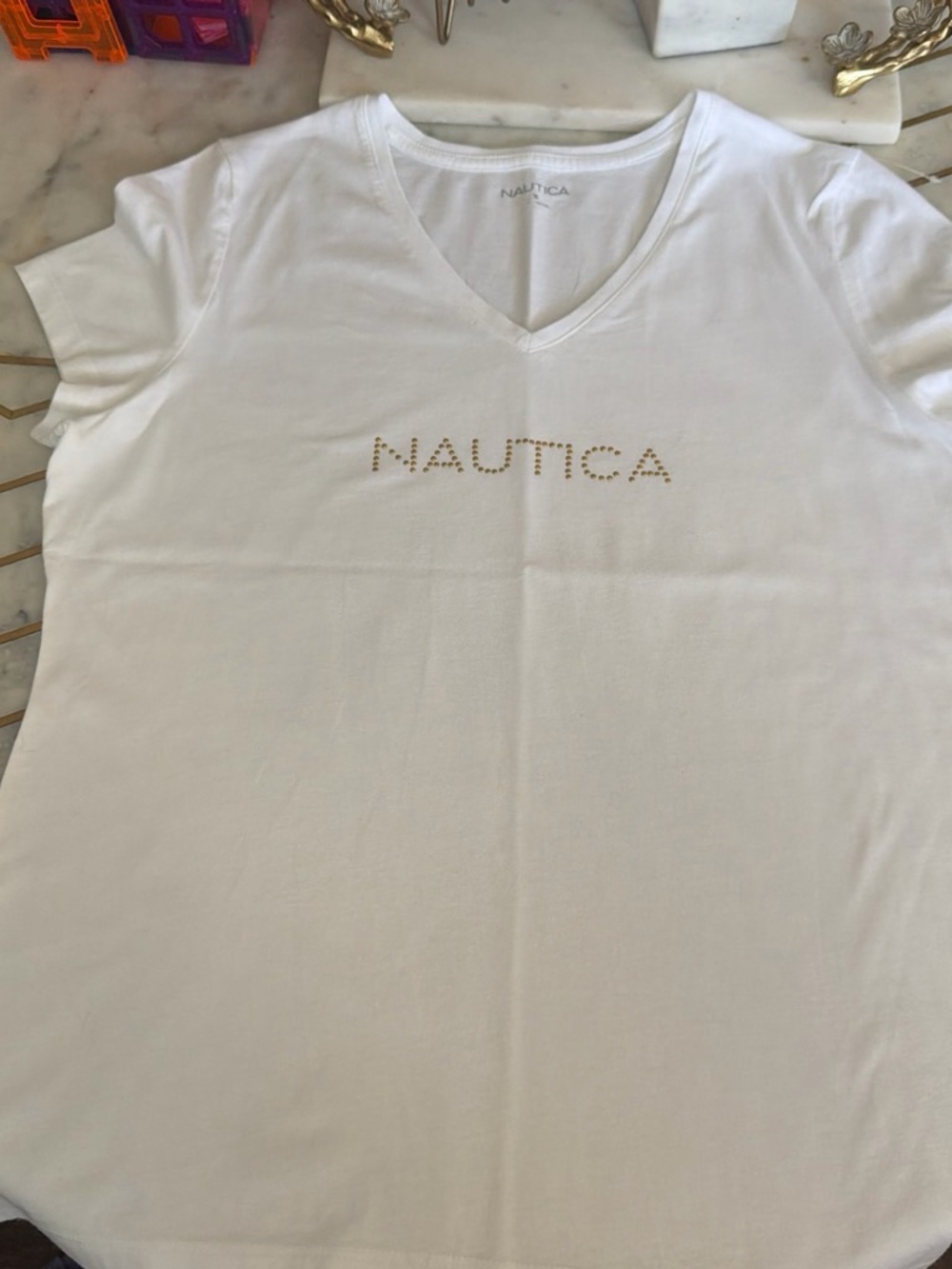Nautica White V-Neck Tee with Gold Stud Logo